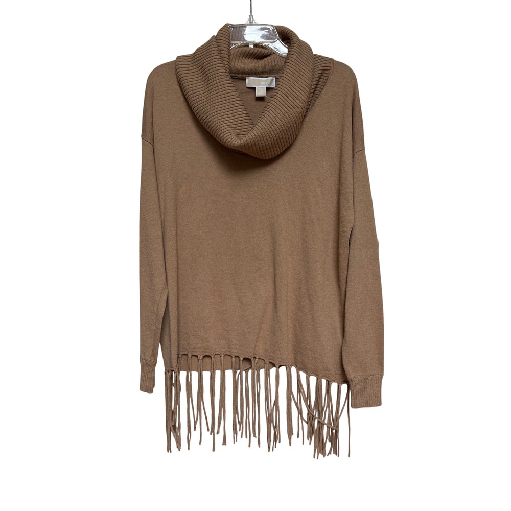 Michael Kors Womens Cowl Neck Fringe Hem Sweater Dark Camel Small Boho Luxury